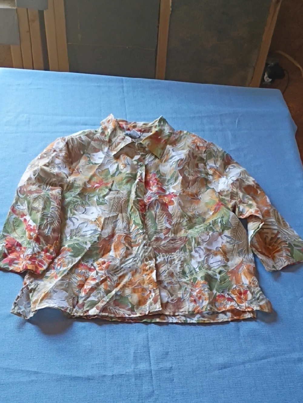 BonWorth Floral Sheer Button-Up in Green, Orange, Red, Brown